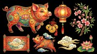 Lunar new year pig, lantern, and floral design elements isolated on transparent background, ready for t-shirt design, clipart, stickers, sublimation, and print-on-demand projects.