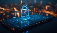 Glowing digital padlock hologram floating over smartphone screen with city lights bokeh background represents mobile security and data protection concept.
