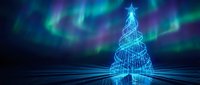 Glowing blue wireframe Christmas tree with aurora borealis northern lights in starry night sky. Futuristic holiday celebration concept for greeting cards.