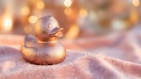 Golden rubber duck toy with glittery surface on shimmery fabric with warm bokeh lights creating festive holiday atmosphere for seasonal decorations.