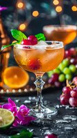 Elegant cocktail garnished with fresh cherries and mint leaves, rimmed with sugar. Dark moody background with bokeh lights and tropical flowers for bar menu.