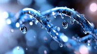 Frozen water drops on curved plant stems create magical winter macro scene with blue bokeh background and crystalline ice formations in cold weather.