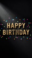 Happy Birthday gold balloon letters on dark background with colorful confetti dots, dramatic spotlight lighting for festive celebration greeting cards.