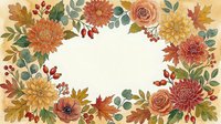Watercolor autumn floral frame with chrysanthemums, roses, berries, and maple leaves in warm orange and red tones, copy space in center.