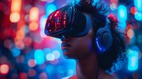 Young African American woman wearing virtual reality headset and headphones against vibrant neon bokeh background in blue and red tones. Modern gaming technology concept.