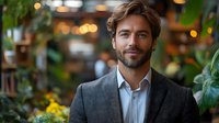 Confident Caucasian businessman with beard smiling in modern office environment with bokeh lights and plants, wearing grey suit jacket and white shirt.