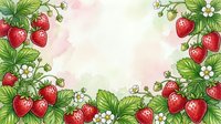 Strawberry plants with ripe red berries and white flowers frame a soft pink and cream background, ideal for food packaging, recipe cards, and garden-themed designs.