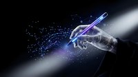 Futuristic transparent hand holding glowing purple pen with digital particles and light effects on dark background for technology and innovation concepts.