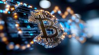 Glowing bitcoin symbol surrounded by digital network connections and light particles on dark background with bokeh effect creates futuristic cryptocurrency concept.