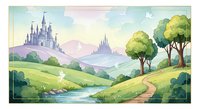 Enchanting fairy tale landscape with castles on hills, winding path, stream, lush green trees, and tiny fairies in soft pastel colors.
