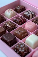 Luxury chocolate pralines and truffles in pink gift box. Assorted dark, milk and white chocolate bonbons with different decorations and fillings. Close up macro food photography.