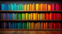 Colorful books arranged in rainbow spectrum order on wooden shelves against dark wall create vibrant gradient display for bookstore, library or home interior design.