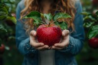Woman in denim shirt holding fresh red apple with green leaves in garden. Closeup of hands presenting ripe fruit against blurred natural background.