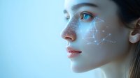 Young woman profile with glowing digital facial recognition grid overlay on blue background, representing biometric scanning and AI technology advancement.