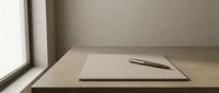 Minimalist workspace with blank paper and pen on wooden desk near window, natural lighting for productivity and creative writing projects.