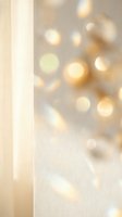 Soft blurred golden bokeh lights creating warm ambient atmosphere through window with cream curtain for cozy interior design backgrounds.