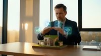 Middle-aged man with light skin tone, brown hair, wearing dark business suit and blue tie, sitting at wooden desk with laptop, holding hands protectively over miniature house model with glowing digital icons for wifi, security, and smart home technology floating above it, representing property protection and connected home systems.