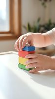 Hands stacking colorful wooden blocks on white table in bright modern room with plants creating tower for learning and development activities.