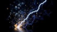 Electric lightning bolt striking surface with bright sparks and energy discharge creating dramatic illumination against dark background.