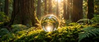 Crystal sphere reflecting forest environment on moss-covered ground with sunlight filtering through tall trees creating magical woodland atmosphere.