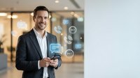 Businessman holding smartphone with digital communication icons floating around device in modern office environment for business technology and connectivity concepts.
