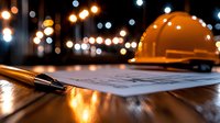 Construction blueprint with pen and orange safety helmet on wooden desk at night, illuminated by warm lights creating professional atmosphere.
