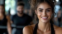 Young athletic woman smiling at camera in modern gym with blurred people exercising in background. Fitness lifestyle and wellness concept for health promotion.