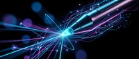 Futuristic digital energy burst with glowing neon light trails and particle effects on dark background for technology and sci-fi designs.