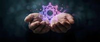 Hands presenting glowing purple geometric star symbol with mystical energy particles floating above palms against dark background for spiritual concepts.