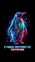 Futuristic neon penguin with circuit board patterns and binary code elements for cybersecurity and technology concepts on black background.