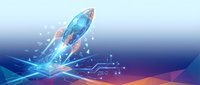 Futuristic rocket launch with glowing blue flames and digital network connections on gradient background for technology and innovation concepts.