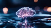 Glowing pink brain-shaped splash of water with luminous neural connections against dark background with bokeh lights, representing artificial intelligence concept.