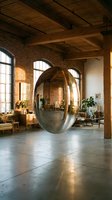 Large reflective metallic egg sculpture floating in a sunlit industrial loft with exposed brick walls, wooden beams, and concrete floors.