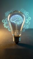 Glowing light bulb with brain inside surrounded by science symbols representing innovation, creativity, intelligence and breakthrough ideas for business concepts.