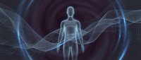 Holographic human figure surrounded by glowing blue energy waves and digital particles, representing technology, innovation, and futuristic concepts for science and medical applications.