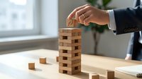 Businessman in suit carefully placing wooden block on tower stack representing strategic planning and risk management in corporate decision making.