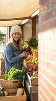Young blonde woman in beanie and denim jacket shopping for fresh organic vegetables at farmers market stall with wooden crates and baskets full of produce.
