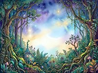 Enchanted forest canopy with twisted trees framing magical sky, glowing light, lush vegetation, and mystical atmosphere. Suitable for fantasy artwork, book illustrations, and imaginative designs.