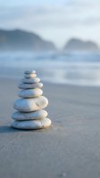 Zen stone stack balanced on sandy beach with ocean waves and mountains creating peaceful meditation scene for wellness and mindfulness concepts.