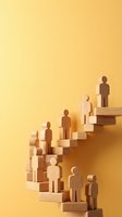 Wooden human figures climbing staircase steps on yellow background, symbolizing career growth, leadership hierarchy, and business success.