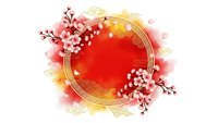 Red watercolor circle with golden ornate frame decorated with cherry blossom branches and traditional Asian patterns for festive design projects.