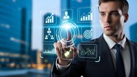 Professional businessman touching digital interface with analytics charts and data visualization icons in modern office environment.