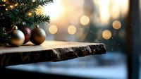 Festive Christmas ornaments on rustic wooden slice with blurred bokeh lights background, selective focus creates magical holiday atmosphere.