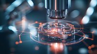 Microscope lens focused on petri dish with glowing specimen in laboratory setting, dramatic lighting with blue and orange tones creates scientific atmosphere.