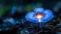 Glowing blue mushroom emitting magical light in dark forest, mystical nature scene with bioluminescent fungus on forest floor, fantasy woodland atmosphere.