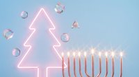 Pink neon Christmas tree with menorah and soap bubbles on blue background for holiday celebration and interfaith winter festivities.
