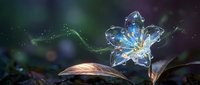 Magical crystal glass flower blooming with ethereal light effects and sparkling particles in enchanted forest setting for fantasy designs.