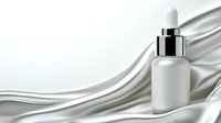 Elegant white cosmetic dropper bottle on silky fabric background with flowing waves, mockup for skincare product presentation on clean minimal setting.