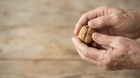 Senior man with weathered hands holding walnut in palm against wooden surface. Suitable for health, nutrition, aging, and wellness content.