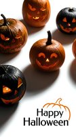 Carved jack-o'-lantern pumpkins with glowing faces and black gourds on white background with Happy Halloween text, suitable for seasonal greeting cards and holiday marketing materials.